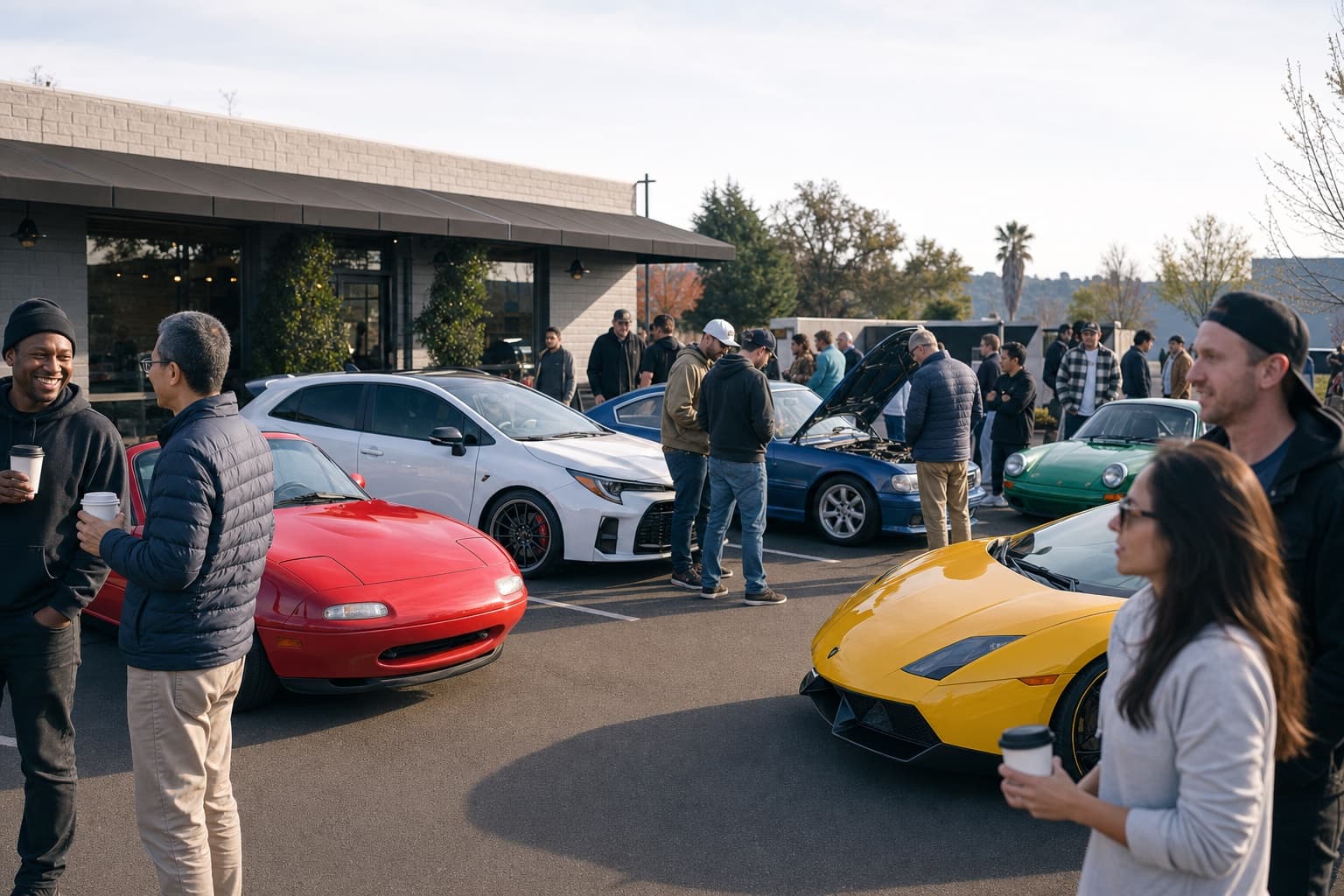 A welcoming Cars and Coffee gathering with Miata, Toyota, BMW, Porsche, and Lamborghini enthusiast cars