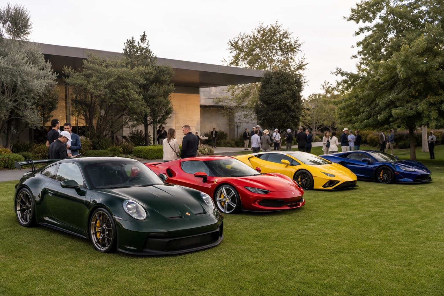 High-end sports cars displayed on a museum lawn
