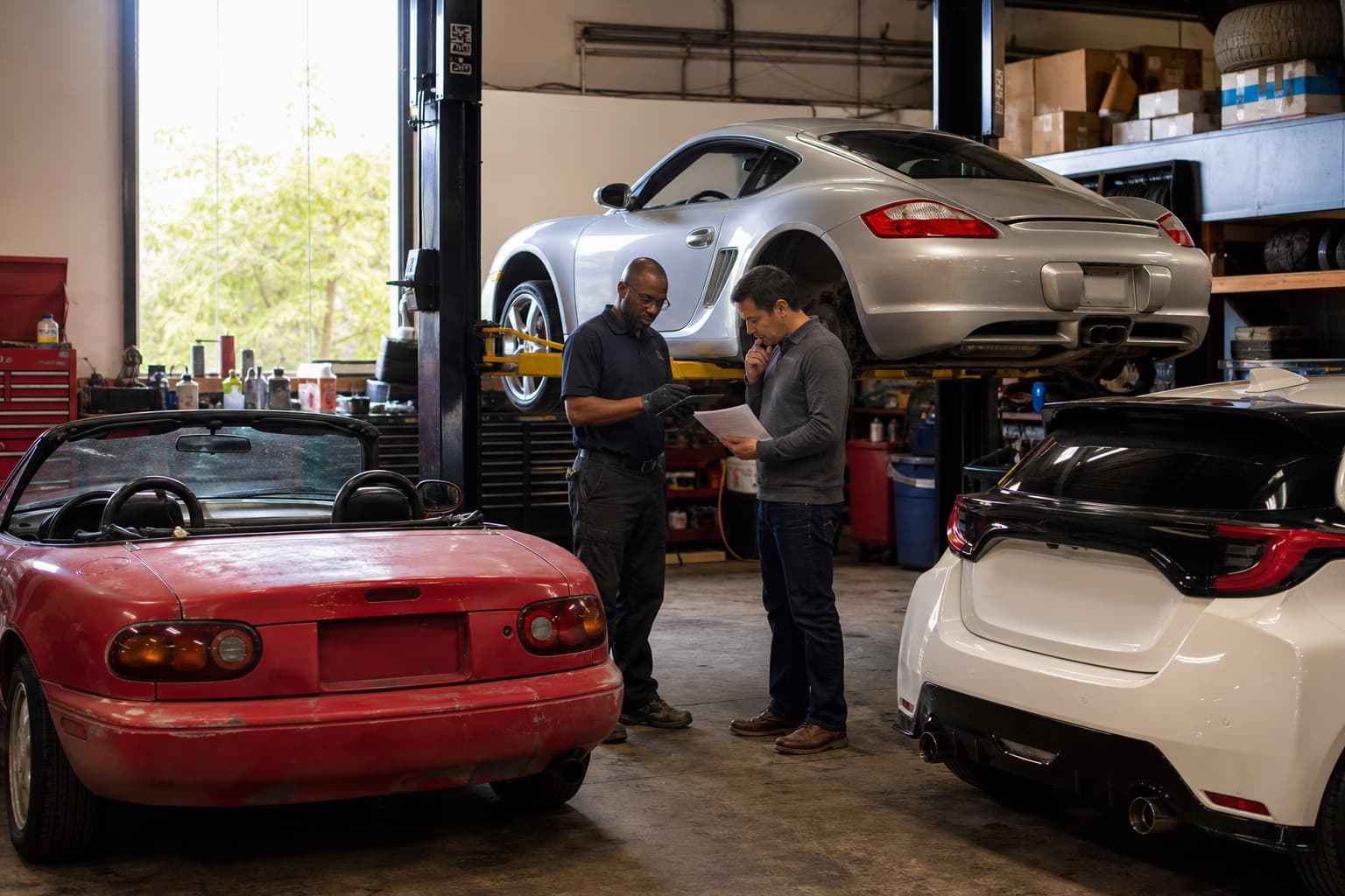 An enthusiast and mechanic reviewing a vehicle's paper records in a working garage